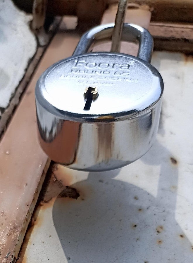 Foora Round 65 Long Shakle Lock with Long Shackle - Metal Body, Double Locking, 8 Steel Levers, 5 Silver Keys with Keychain, Silver Finish, Ideal for Door, Gate, Home and Shutters (Original Image) - Image 5